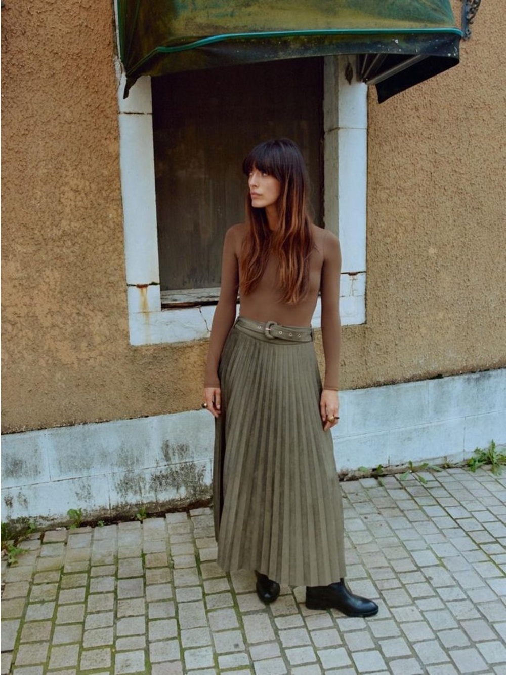 Zara Pleated Faux Suede Belted Maxi Skirt